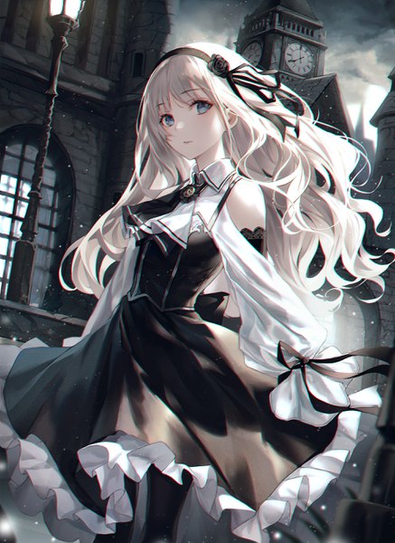 Anime picture 2000x2743 with original yohaku single long hair tall image looking at viewer fringe highres standing bare shoulders silver hair cloud (clouds) outdoors long sleeves hair flower wind dutch angle city frilled dress anaglyph