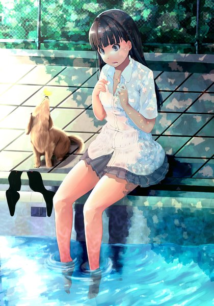 Anime picture 1190x1700 with amagami ayatsuji tsukasa santa (sunflower) long hair tall image black hair sitting bent knee (knees) barefoot black eyes bare legs shadow summer soaking feet girl uniform school uniform animal shirt water