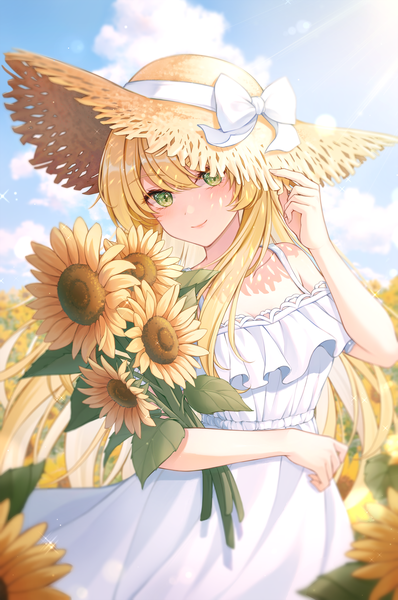 Anime picture 2000x3014 with original iyar single long hair tall image looking at viewer blush fringe highres blonde hair smile hair between eyes standing bare shoulders green eyes sky cloud (clouds) outdoors head tilt adjusting hat