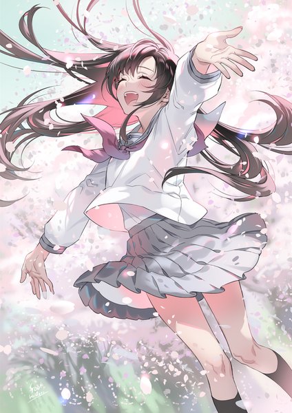 Anime picture 1000x1414 with original midori foo single long hair tall image open mouth brown hair outdoors eyes closed pleated skirt wind cherry blossoms happy spread arms ^ ^ ^o^ spring girl skirt uniform