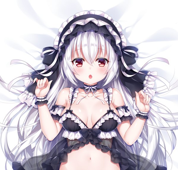 Anime picture 1000x957 with original mitsuba choco single long hair blush fringe breasts light erotic red eyes large breasts payot lying fingernails on back fang (fangs) dakimakura (medium) girl navel detached collar bedsheet