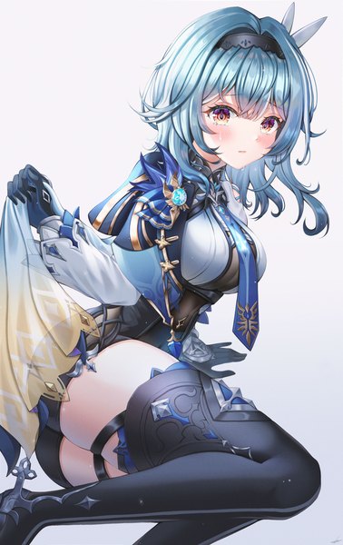 Anime picture 2520x4000 with genshin impact eula lawrence wol (wol 927) single tall image looking at viewer blush fringe highres short hair simple background red eyes sitting holding payot blue hair bent knee (knees) grey background arm support tears