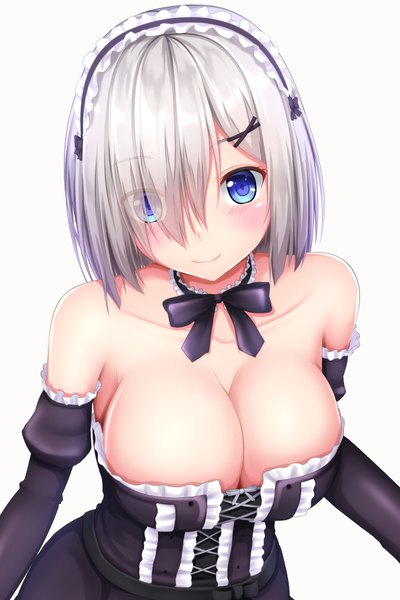 Anime picture 600x900 with kantai collection hamakaze destroyer tapisuke single tall image looking at viewer blush fringe short hair breasts blue eyes light erotic smile bare shoulders cleavage silver hair light smile hair over one eye girl dress