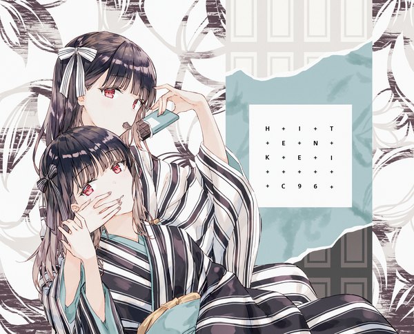 Anime-Bild 2000x1616 mit original hiten (hitenkei) long hair looking at viewer blush fringe highres black hair simple background red eyes multiple girls holding signed blunt bangs traditional clothes parted lips japanese clothes fingernails wide sleeves mouth hold
