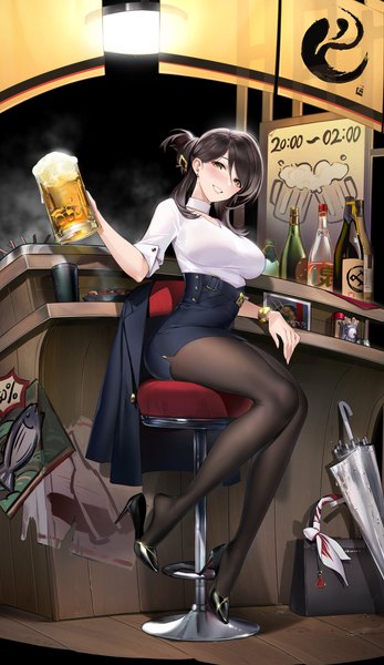 Anime picture 2122x3672 with black surge night luuuo (luuuo0102) single tall image looking at viewer blush fringe highres short hair breasts black hair smile hair between eyes holding yellow eyes full body bent knee (knees) official art high heels closed umbrella