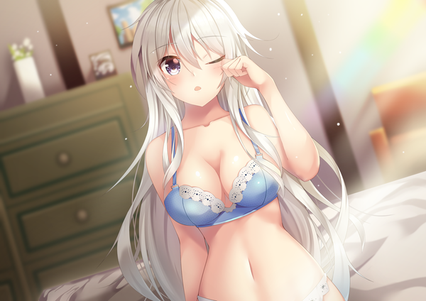 Anime picture 4092x2893 with original amagi korona single long hair looking at viewer blush fringe highres breasts open mouth light erotic hair between eyes large breasts standing purple eyes payot absurdres cleavage white hair indoors