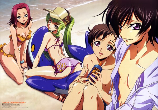 Anime picture 6906x4844 with code geass sunrise (studio) c.c. lelouch lamperouge kallen stadtfeld rolo lamperouge tagme (artist) highres light erotic multiple girls multiple boys beach vector girl boy 2 girls swimsuit bikini 2 boys