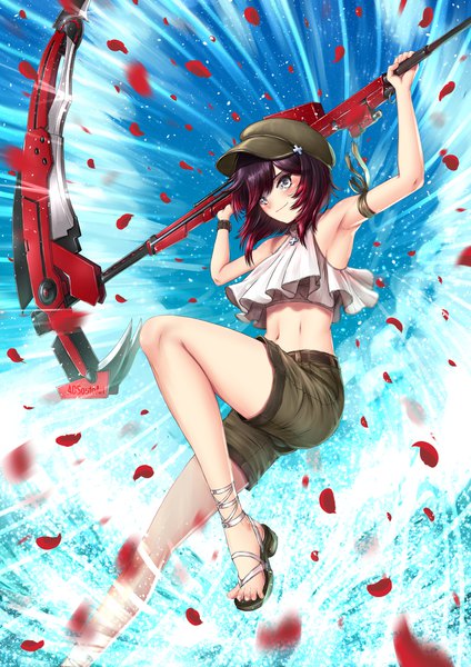 Anime picture 1240x1754 with rwby rooster teeth ruby rose adsouto single tall image blush fringe short hair breasts light erotic black hair smile hair between eyes bare shoulders holding signed sky full body bent knee (knees)