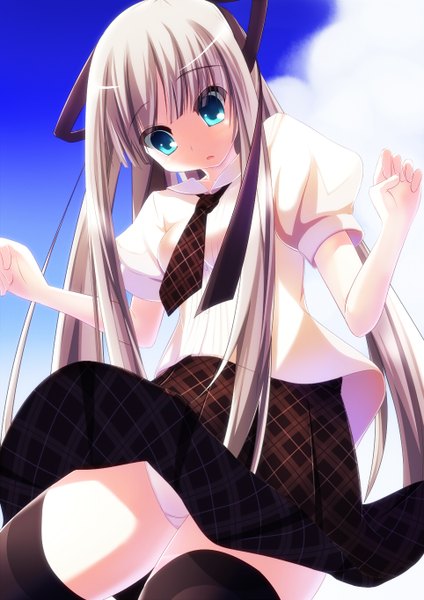 Anime picture 964x1364 with original pastel-pastel single long hair tall image blue eyes light erotic silver hair pantyshot girl thighhighs skirt underwear panties ribbon (ribbons) black thighhighs hair ribbon shirt necktie