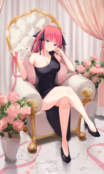 Anime picture 1200x2005 with go-toubun no hanayome nakano nino profnote single long hair tall image looking at viewer blush fringe breasts blue eyes light erotic smile large breasts sitting holding pink hair cleavage full body indoors