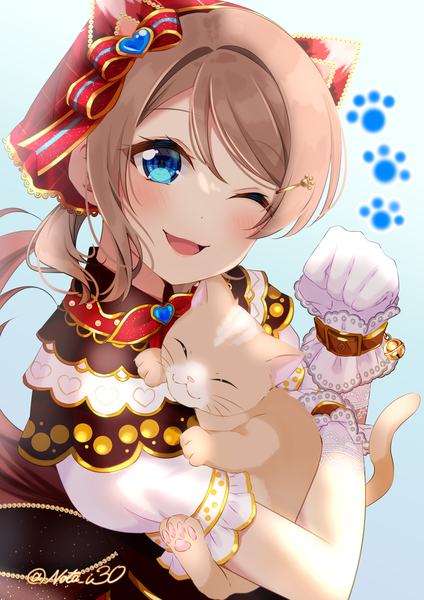 Anime picture 3541x5016 with love live! sunshine!! sunrise (studio) love live! watanabe you nota ika single tall image looking at viewer blush highres short hair open mouth blue eyes brown hair signed absurdres one eye closed wink twitter username blue background