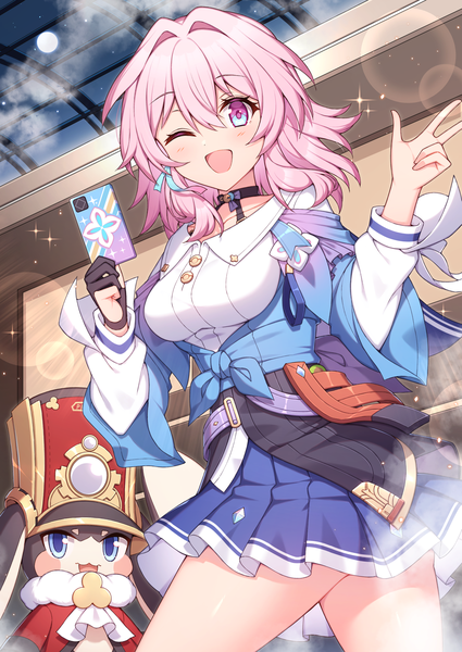 Anime picture 1417x2000 with honkai: star rail honkai (series) march 7th (honkai: star rail) pom-pom (honkai: star rail) t@ke-g single tall image looking at viewer fringe short hair open mouth hair between eyes pink hair pleated skirt one eye closed sparkle lens flare ;d multicolored eyes girl