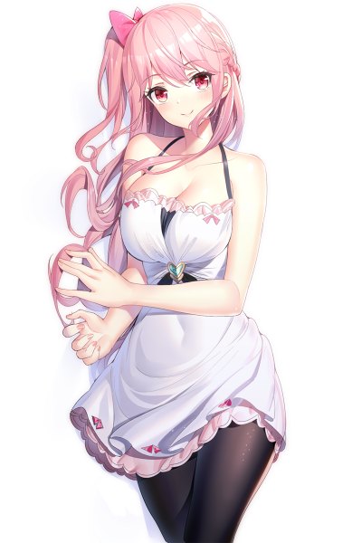 Anime picture 778x1200 with original emily stock ririko (zhuoyandesailaer) single long hair tall image blush fringe breasts light erotic simple background smile hair between eyes standing white background bare shoulders pink hair cleavage braid (braids) head tilt