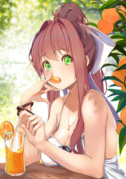 Anime picture 1191x1684 with doki doki literature club monika (doki doki literature club) xhunzei single long hair tall image looking at viewer blush fringe open mouth hair between eyes brown hair sitting bare shoulders green eyes signed payot cleavage upper body ponytail