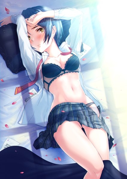 Anime picture 1447x2046 with idolmaster idolmaster cinderella girls hayami kanade fumiya-taketatsu single tall image looking at viewer blush fringe short hair breasts light erotic yellow eyes blue hair lying parted lips pleated skirt from above arms up on back