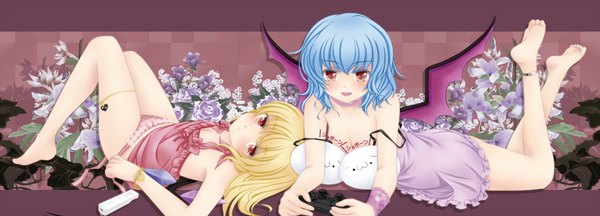 Anime picture 1940x700 with touhou flandre scarlet remilia scarlet nekokotei highres light erotic blonde hair smile wide image bare shoulders multiple girls blue hair lying underwear only bat wings girl underwear panties flower (flowers) 2 girls