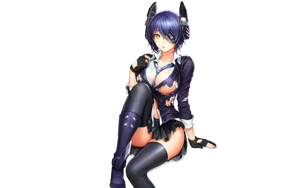 Anime picture 4800x3000 with kantai collection tenryuu light cruiser ake (cherrylich) single looking at viewer blush highres short hair breasts open mouth light erotic simple background large breasts white background sitting yellow eyes blue hair absurdres cleavage arm support