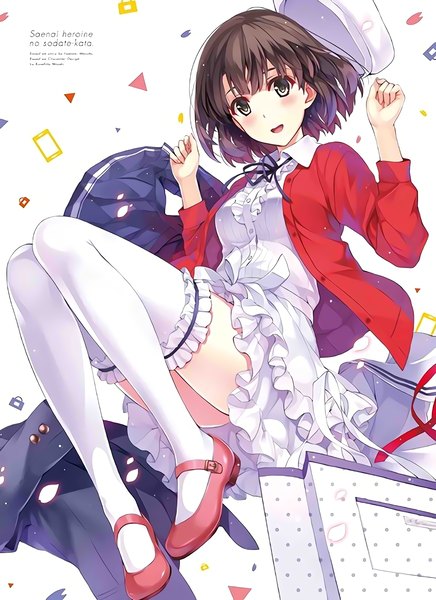Anime picture 1600x2198 with saenai heroine no sodatekata a-1 pictures katou megumi misaki kurehito single tall image looking at viewer blush short hair open mouth black hair brown eyes bent knee (knees) scan official art frilled dress legs up girl thighhighs dress
