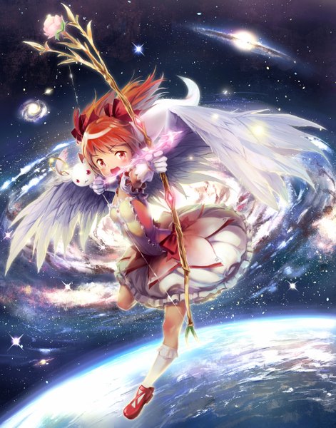 Anime picture 1000x1273 with mahou shoujo madoka magica shaft (studio) kaname madoka kyuubee moyamoya long hair tall image looking at viewer blush red eyes twintails red hair flying angel wings :3 white wings space magical girl girl dress