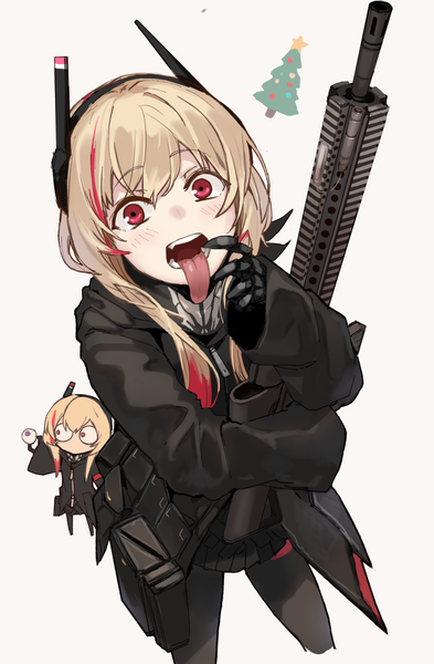 Anime-Bild 982x1500 mit girls frontline m4 sopmod ii (girls frontline) ganesagi single long hair tall image looking at viewer blush fringe open mouth simple background blonde hair hair between eyes red eyes standing white background holding long sleeves pleated skirt multicolored hair