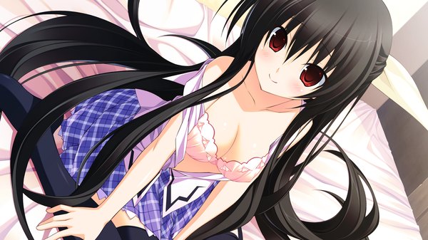 Anime picture 1280x720 with tiny dungeon (game) rosebleu vell sein long hair blush breasts light erotic black hair red eyes wide image game cg girl thighhighs black thighhighs