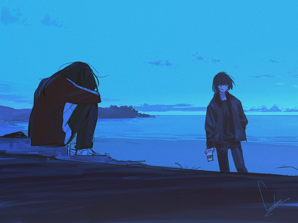 Anime picture 1600x1200 with original loundraw long hair short hair black hair standing sitting multiple girls holding signed sky outdoors black eyes open jacket beach blue background hand in pocket girl 2 girls water