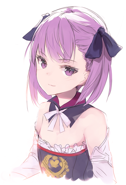 Anime picture 606x890 with fate (series) fate/grand order helena blavatsky (fate) makihitsuji single tall image looking at viewer fringe short hair light erotic simple background white background purple eyes bare shoulders purple hair upper body light smile portrait flat chest girl