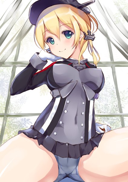 Anime picture 661x935 with kantai collection prinz eugen (kantai collection) henet hene single long hair tall image looking at viewer blush breasts blue eyes light erotic blonde hair smile spread legs cameltoe girl skirt gloves uniform underwear