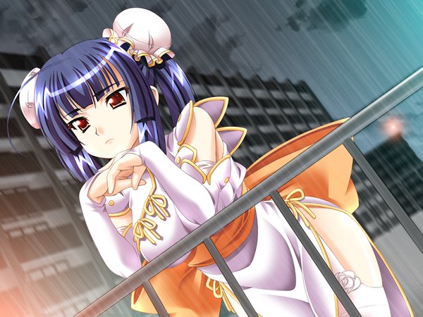 Anime picture 1200x900 with dyogrammaton light erotic red eyes blue hair game cg night rain girl