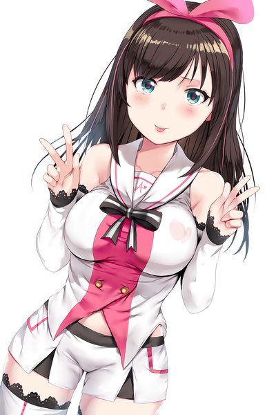 Anime-Bild 5000x7500 mit virtual youtuber a.i. channel kizuna ai hews single long hair tall image looking at viewer blush fringe highres breasts light erotic simple background brown hair large breasts standing white background bare shoulders absurdres