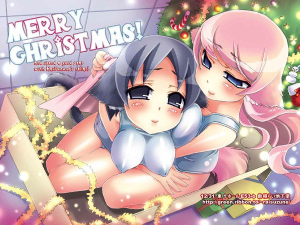 Anime picture 1600x1200 with long hair highres short hair breasts blue eyes light erotic black hair animal ears pink hair tail christmas swimsuit