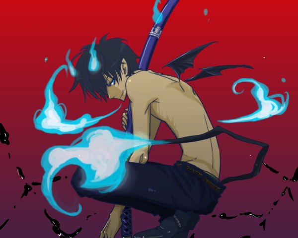 Anime picture 2560x2048 with ao no exorcist a-1 pictures okumura rin hiromu (garakuta) single highres short hair blue eyes signed glowing topless squat red background demon tail demon wings demon cropped weapon over shoulder boy weapon