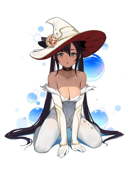 Anime-Bild 2000x2829 mit genshin impact mona megistus wu yue [vulpes] single long hair tall image looking at viewer fringe highres breasts open mouth light erotic black hair simple background hair between eyes white background sitting twintails bare shoulders green eyes