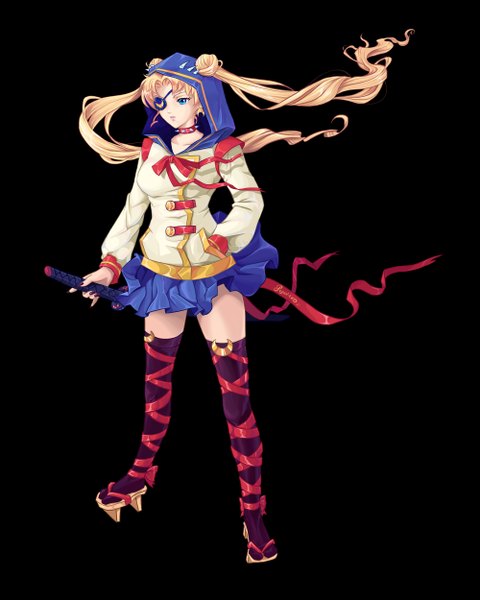 Anime picture 4000x5000 with bishoujo senshi sailor moon toei animation tsukino usagi sailor moon olga narhova single long hair tall image highres blue eyes simple background standing twintails absurdres very long hair pleated skirt wind black background hand in pocket crescent