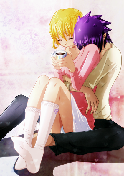 Anime picture 914x1303 with chrono crusade gonzo rosette christopher chrono hao-hime tall image short hair light erotic blonde hair smile purple hair eyes closed lips pantyshot no shoes couple hug lipstick coloring pantyshot sitting