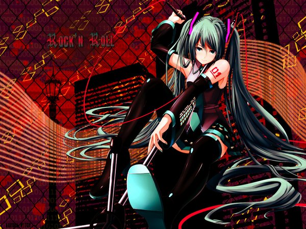 Anime picture 1024x768 with vocaloid hatsune miku long hair blue eyes twintails very long hair green hair girl thighhighs detached sleeves necktie microphone microphone stand
