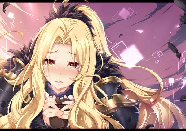 Anime picture 1414x1000 with princess connect! christina (princess connect!) aata1007 long hair looking at viewer blush fringe open mouth blonde hair yellow eyes payot upper body ponytail tears holding hands letterboxed crying girl feather (feathers)