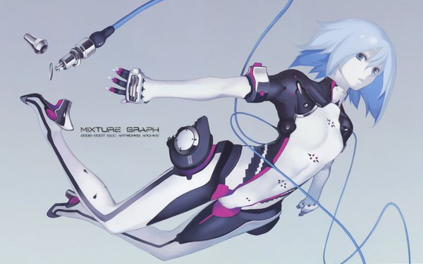 Anime picture 1680x1050 with original nagi ryou single looking at viewer short hair blue eyes simple background wide image blue hair inscription grey background wallpaper spread arms weightlessness girl bodysuit wire (wires)