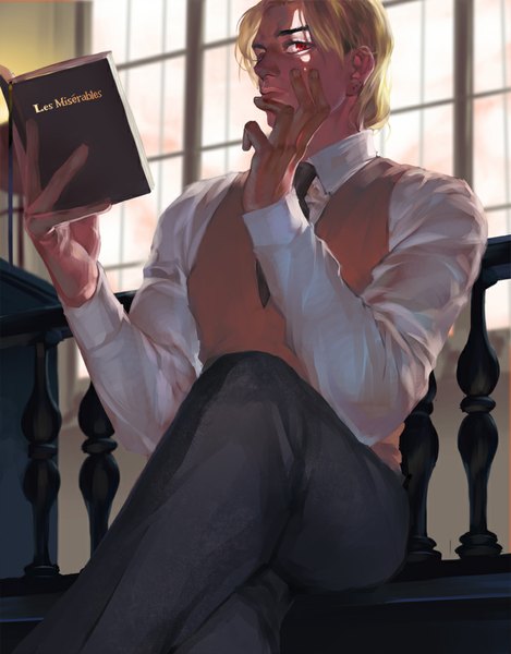 Anime picture 800x1022 with jojo no kimyou na bouken dio brando emg (christain) single tall image looking at viewer short hair blonde hair red eyes sitting crossed legs hand on face boy shirt necktie window book (books) vest