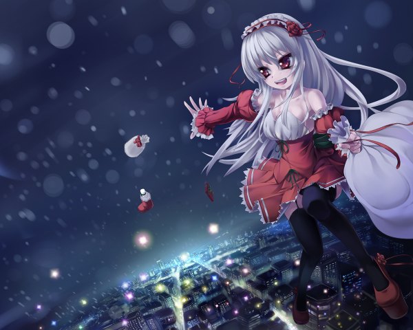 Anime picture 1200x960 with rozen maiden suigintou asa (swallowtail) single long hair open mouth red eyes white hair night snowing winter lolita fashion city lights weightlessness midair girl thighhighs dress black thighhighs hairband