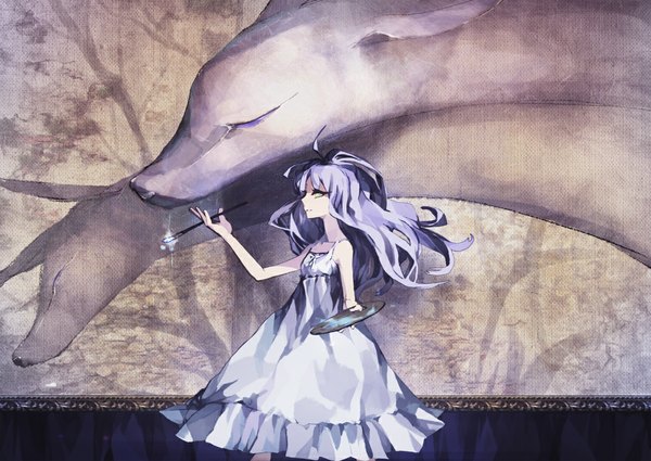 Anime picture 1050x744 with original noco (adamas) long hair bare shoulders purple hair ahoge aqua eyes painting girl dress