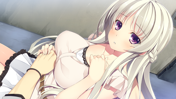 Anime picture 1280x720 with juukishi cutie bullet reina de medishi yuuki hagure single long hair looking at viewer blush wide image purple eyes game cg white hair half updo girl dress