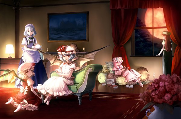 Anime picture 1600x1051 with touhou flandre scarlet remilia scarlet izayoi sakuya patchouli knowledge hong meiling takahata yuki long hair short hair blue eyes blonde hair red eyes sitting multiple girls blue hair purple hair white hair red hair braid (braids) maid