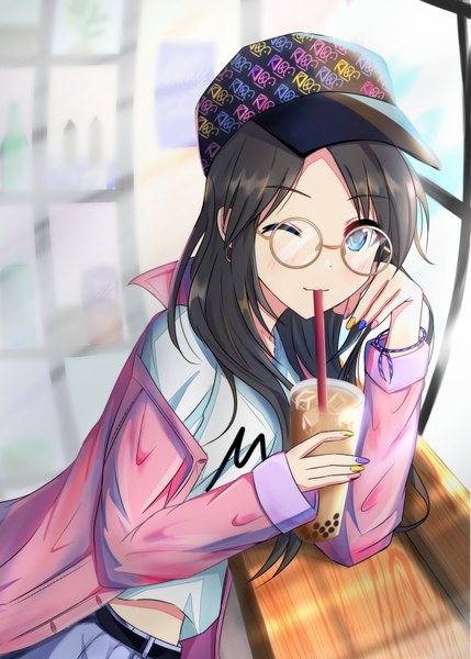 Anime picture 1295x1812 with idolmaster idolmaster shiny colors mitsumine yuika so korokoro single long hair tall image looking at viewer blue eyes black hair sitting holding upper body long sleeves nail polish one eye closed wink sunlight blurry off shoulder