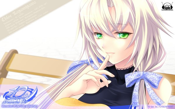 Anime picture 1920x1200 with memories off memories off 6 kagamigawa chloe aizawa kotarou single long hair highres wide image twintails bare shoulders green eyes white hair low twintails finger to mouth cropped girl bow hair bow