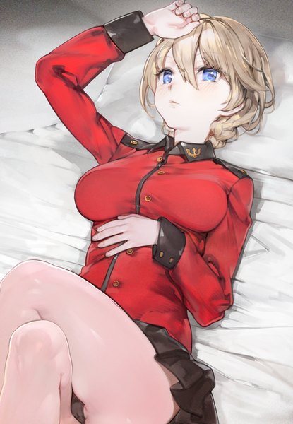 Anime picture 692x1000 with girls und panzer darjeeling (girls und panzer) aos single tall image looking at viewer blush fringe short hair breasts blue eyes light erotic blonde hair hair between eyes lying braid (braids) parted lips pleated skirt on back pantyshot