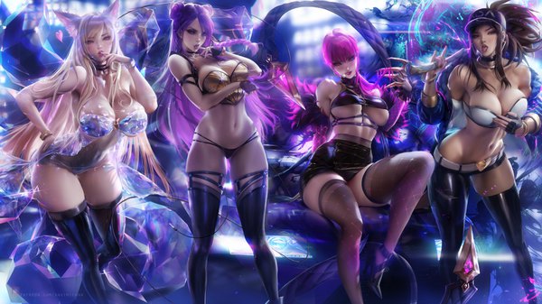 Anime picture 3500x1969 with league of legends k/da (league of legends) ahri (league of legends) akali (league of legends) evelynn (league of legends) k/da akali k/da ahri k/da evelynn kai'sa k/da kai'sa sakimichan long hair blush highres breasts open mouth light erotic blonde hair brown hair wide image