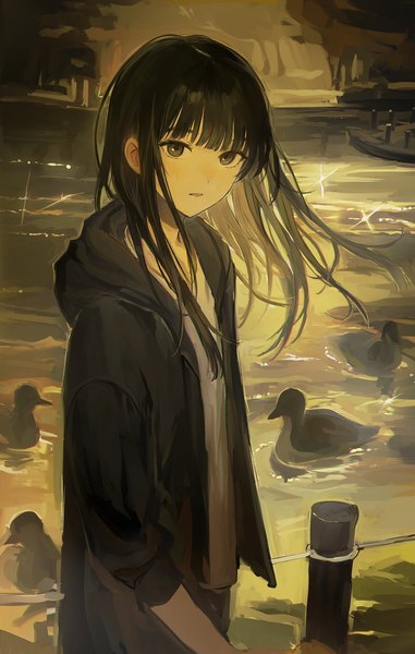 Anime picture 1301x2048 with original funabashi (iwzry) single long hair tall image looking at viewer fringe open mouth black hair standing brown eyes upper body outdoors blunt bangs turning head lake against fence girl animal water