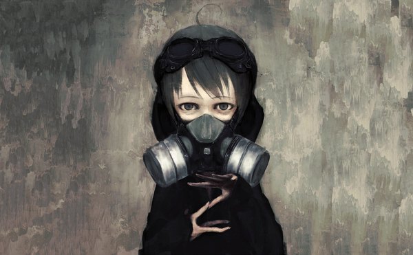 Anime picture 1938x1200 with original yasushi highres black hair wide image ahoge black eyes girl goggles child (children) respirator