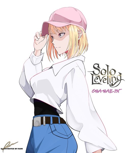 Anime-Bild 1250x1500 mit solo leveling a-1 pictures cha hae-in user kgms3843 single tall image short hair breasts simple background blonde hair standing white background signed looking away profile grey eyes copyright name character names text adjusting hat